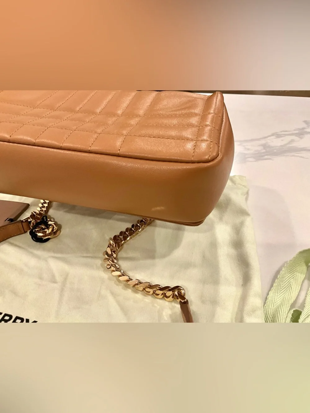 Burberry Small Lola Quilted Leather Bag Maple Brown Gold Chain NWT - Picture 6 of 15